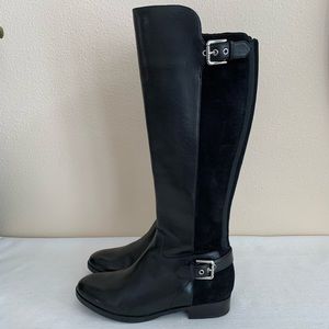 NWOT MARC FISHER Black Leather/Suede Dual Buckle Knee High Boots Woman’s 8W